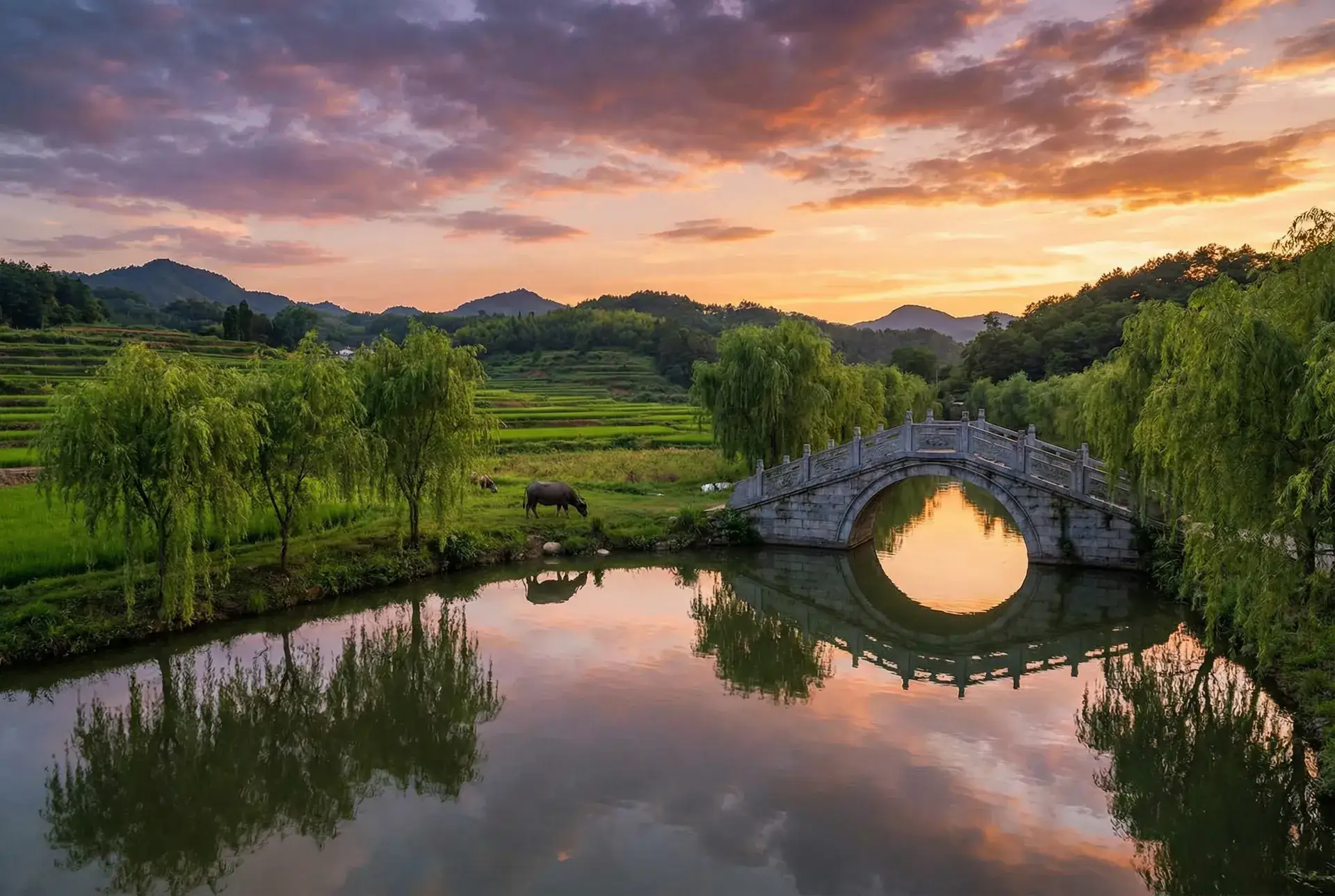 夕阳下的石拱桥与垂柳，水牛在河边吃草 - 免费约炮软件 乡村美景
